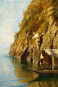 A Fisherman On A Steep Rock Looking For His Prey by Felix Possart