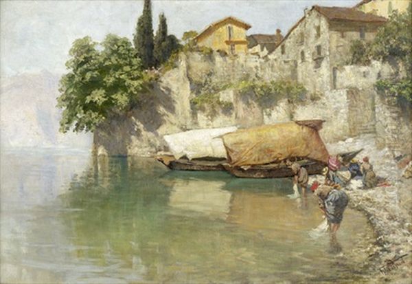 Wascherinnen Und Boote Am Ufer Des Gardasees - view 1