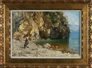 Wassertragerin An Einem Felsigen Ufer Mit Blick Uber Das Wasser Auf Eine Bergkette by Felix Possart