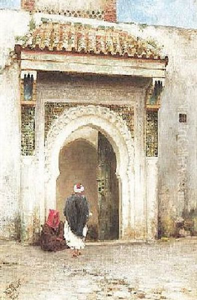 Zwei Araber Vor Dem Eingang Zu Einer Moschee - view 1