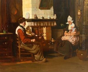 Interieur Einer Hollandischen Stube; Vor Dem Kamin Sitzendes Paar Mit Kleinkind by Rudolf Possin