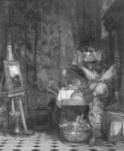 Atelier-stilleben Mit Prunkgeschirr, Blumen, Fruchten Und Flamischem Gobelin