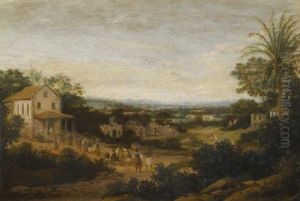 A Landscape In Brazil Looking Down On The Varzea, Europeans And Natives Approaching A Church In The Foreground by Frans Jansz Post