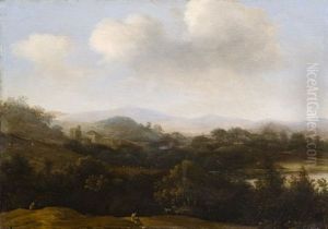 Paesaggio Boschivo Con Viandanti E Borgo In Lontananza by Frans Jansz Post