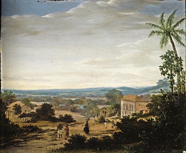 A Brazilian Landscape, With Natives And Slaves Near A Plantation House In A Village - view 1