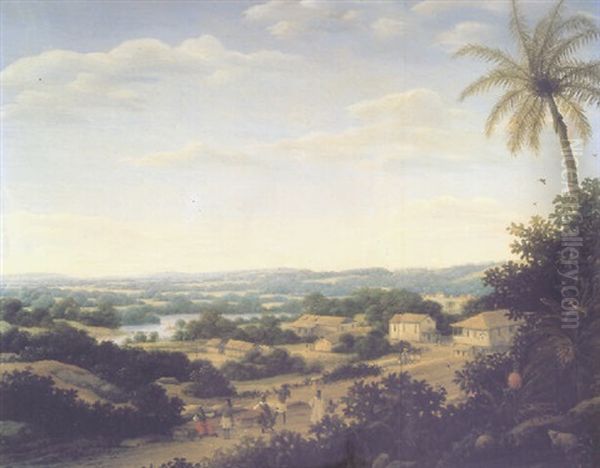 A Brazilian Landscape With Natives On A Road Approaching A Village - view 1