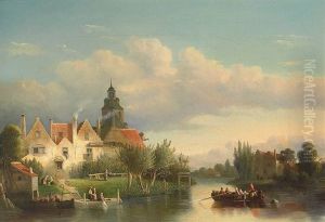 Abendliche Flusslandschaft Mit Ubersetzendem Boot Und Reizvoller Architekturansicht Mit Zahlreichen Figuren by Gerardus Post