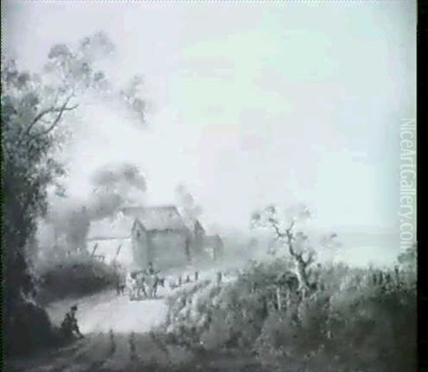 Romantische Landschaft Mit Bauerngehoft, Davor Viehtreiber Mit Zwei Kuhen - view 1