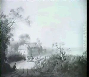 Romantische Landschaft Mit Bauerngehoft, Davor Viehtreiber  Mit Zwei Kuhen by Gerardus Post
