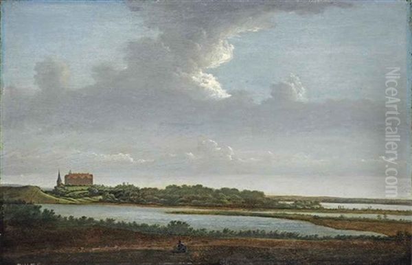 A Panoramic River Landscape With A Figure Resting, A Monumental Building And A Church Tower Beyond - view 1