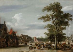 Soldiers Plundering A Village With Horse-drawn Wagons Near A Draw-well In The Forground And Houses Burning On The Left