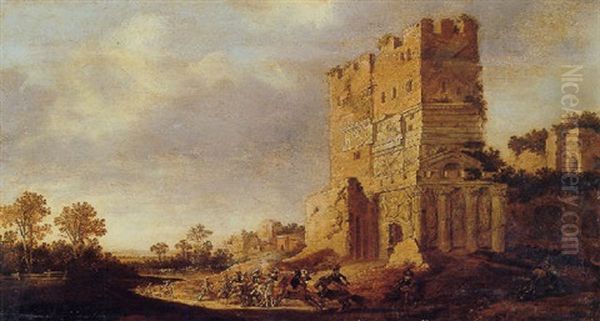 A Cavalry Skirmish By A Capriccio Of Roman Ruins - view 1