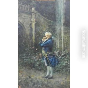 A Gentleman Standing In A Formal Garden (+ A Lady Seated Beside A Garden Fountain; 2 Works) by Luca Postiglione
