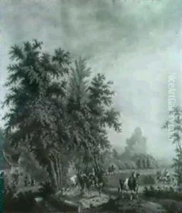 Travellers On A Sandy Path Passing An Inn Where Peasants    Are Merry-making Outside, In Alandscape
