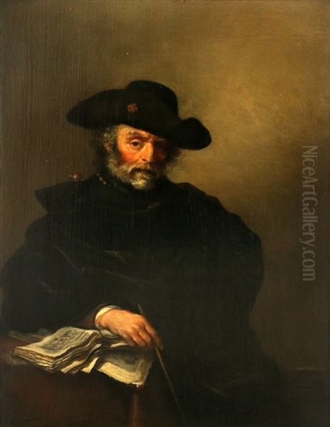 Portret Van Een Man Met Hoed Met Zijn Hand Op Een Boek - view 1