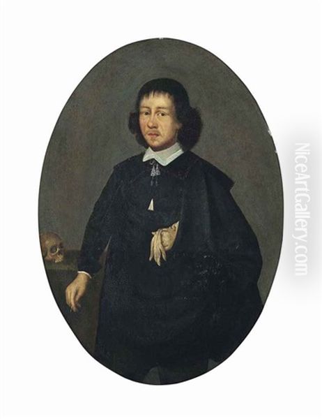 Portrait Of A Gentleman, Three-quarter-length, With A Skull On A Draped Table - view 1