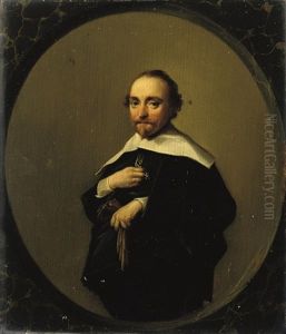 Portrait Of A Gentleman, In A Black Costume With A White Collar, Holding His Gloves by Hendrick Gerritsz. Pot