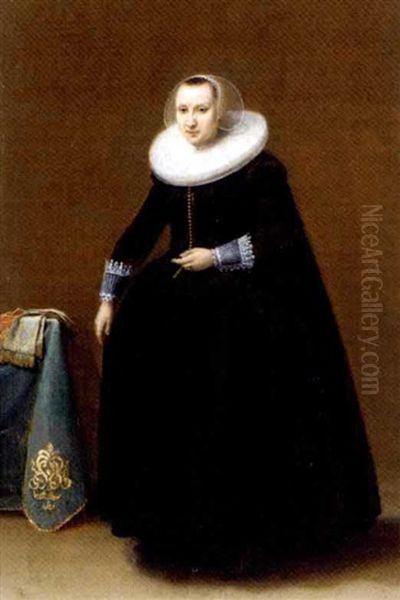 Portrait Of A Lady, Aged 24, Standing Full-length, By A Draped Table, Wearing A Black Dress And A Lace Headdress - view 1