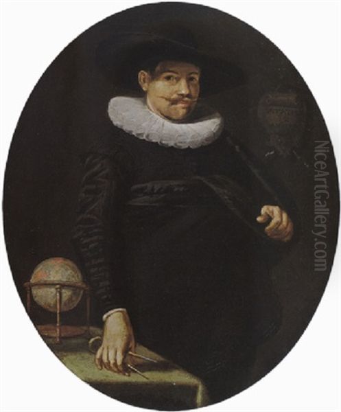A Portrait Of A Geographer, Aged 34, Wearing A Black Satin Suit With A White Lace Collar And A Black Hat - view 1
