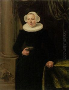 Portrait Of A Lady Standing Before A Draped Curtain By A Table And Holding A Book In Her Right Hand by Hendrick Gerritsz. Pot
