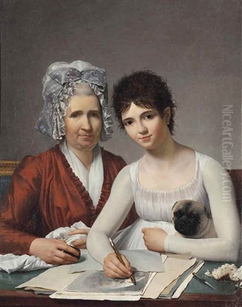 Portrait Of Marie-adrienne Rousseau (born C.1754), Nee Potain, The Artist's Sister, Half-length, In A Red Dress With A Lace Cap, With Her Daughter Rose-marie Charlotte (born C.1785), In A White Dress, A Pug On Her Lap, Drawing At A Desk - view 1