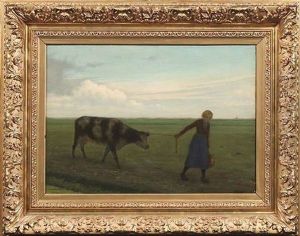 In Einer Weiten Landschaft Fuhrt Eine Bauerin Ihre Kuh Uber Die Wiese by Willem Pothast