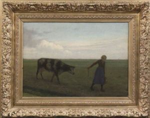 In Einer Weiten Landschaft Fuhrt Eine Bauerin Ihre Kuh Uber Eine Wiese by Willem Pothast