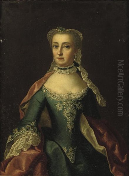 Portrait Of A Lady In A Embroidered Blue Dress And Pink Wrap - view 1