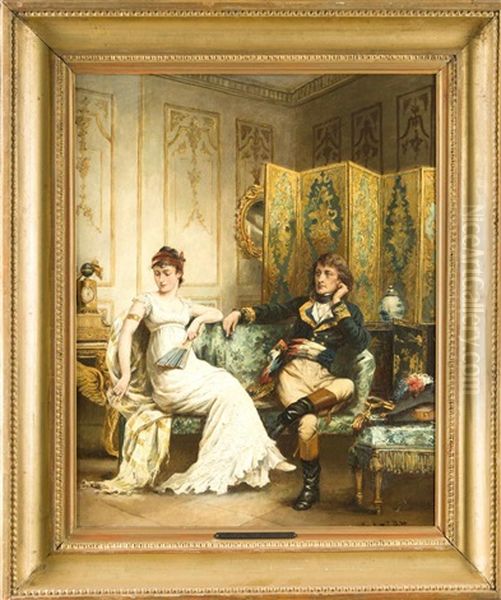 Napoleon Mit Desiree Im Salon, Das Junge Paar Sitzt Auf Einem Sofa In Einem Vertafelten Raum, Der Nach Hinten Von Einem Reich Bemalten Paravent Abgeschirmt Wird - view 1