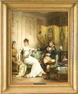Napoleon Mit Desiree Im Salon, Das Junge Paar Sitzt Auf Einem Sofa In Einem Vertafelten Raum, Der Nach Hinten Von Einem Reich Bemalten Paravent Abgeschirmt Wird