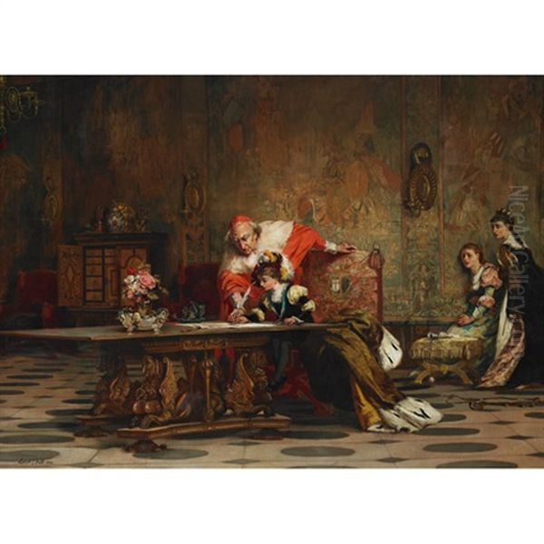 Edward Vi Signing A Document Before Thomas Cranmer, Watched By Queen Elizabeth And Mary In The Background - view 1