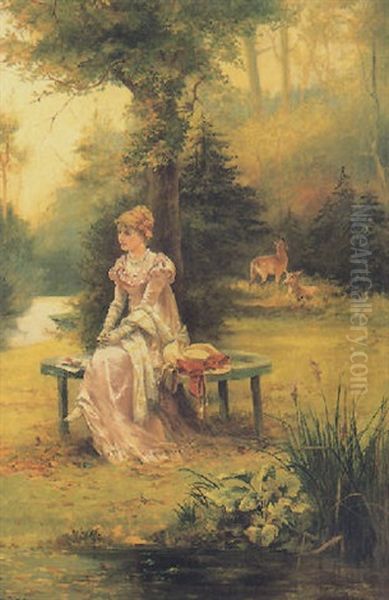 Woman Pondering Her Letter In The Woods - view 1