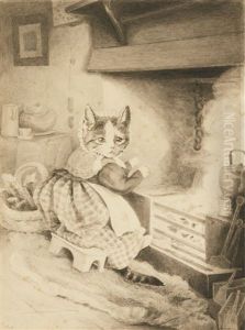 Kitten Warming Her Paws By The Kitchen Fire by Helen Beatrix Potter