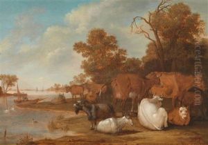Eine Flusslandschaft Mit Kuhen Und Ziegen by Paulus Potter