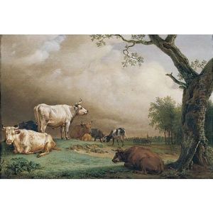 Cattle In A Field, With Travellers In A Wagon On A Track Beyond And A Church Tower In The Distance, A Rain Storm Approaching