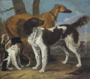 Portrat Von Vier Hunden In Einer Landschaft Im Hintergrund Ein Jager Mit Einem Weiteren Hund