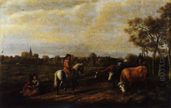 Cavalieri, Contadini E Armenti Sull'aia Di Un Villaggio - view 1
