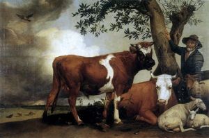 An Extensive Landscape With A Standing Bull, A Cow And A Sheep Resting, With A Herder In The Foreground by Paulus Potter