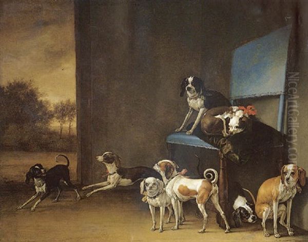 A Hall Interior With A Group Of Eight Dogs, Two Seated Upon A Green Cushion, The Others Resting And Playing On The Ground - view 1