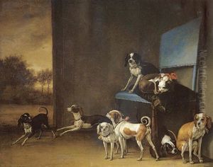 A Hall Interior With A Group Of Eight Dogs, Two Seated Upon A Green Cushion, The Others Resting And Playing On The Ground