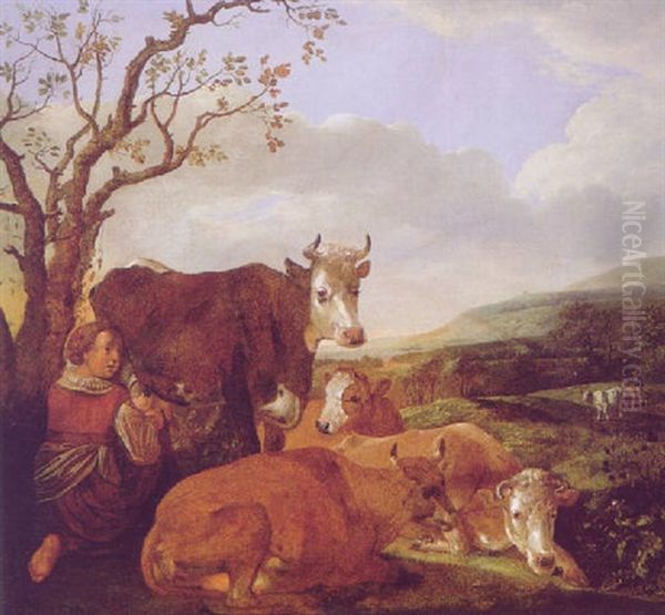 Sudliche Landschaft Mit Kuhen Und Einer Melkenden Frau - view 1
