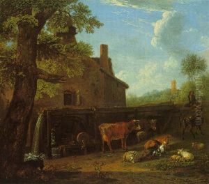Cattle, Sheep, And Goats At Pasture Near An Over-shot Watermill by Paulus Potter
