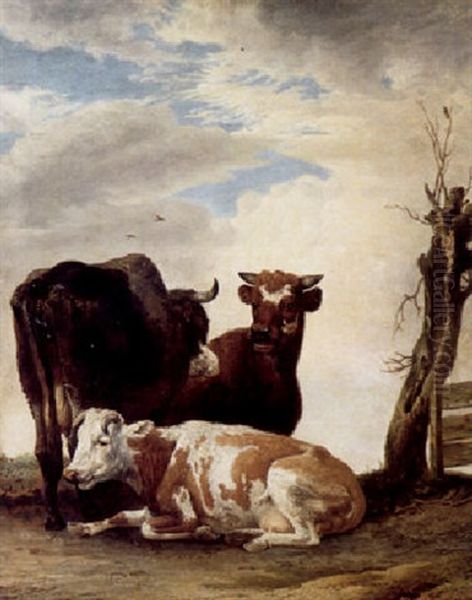 Cows And A Bull In A Landscape Near A Tree And A Fence - view 1