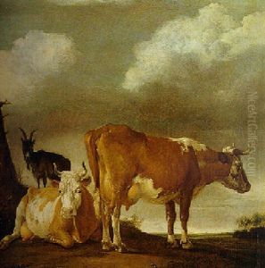 Scene Pastorale: Deux Vaches Et Une Chevre Dans Un Paysage Hollandais by Paulus Potter