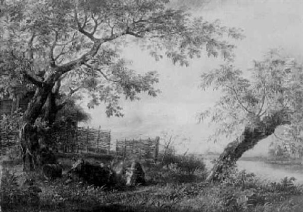 Cows Resting In A Meadow With A Maid Milking A Cow - view 1