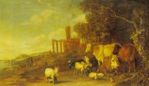 A Wooded River Landscape With Cattle And Goats, Ruins In The Background by Paulus Potter