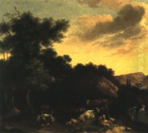 Shepherd And Herd In Mountain Landscape by Paulus Potter