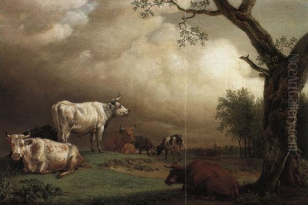 Cattle In A Field With Travellers In A Wagon On A Track - view 1