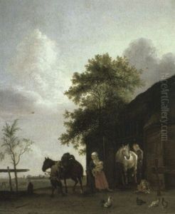 A Peasant Mounting A Horse And A Mother Suckling A Baby By A Stable by Paulus Potter