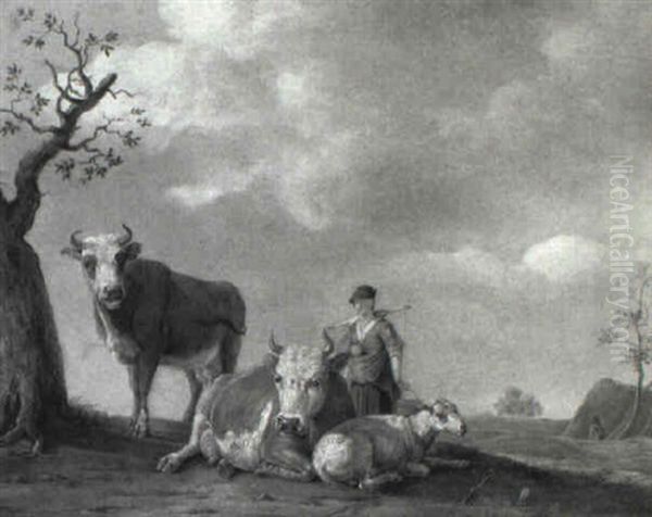 A Milkmaid With Cows And A Sheep By A Tree In A Landscape - view 1